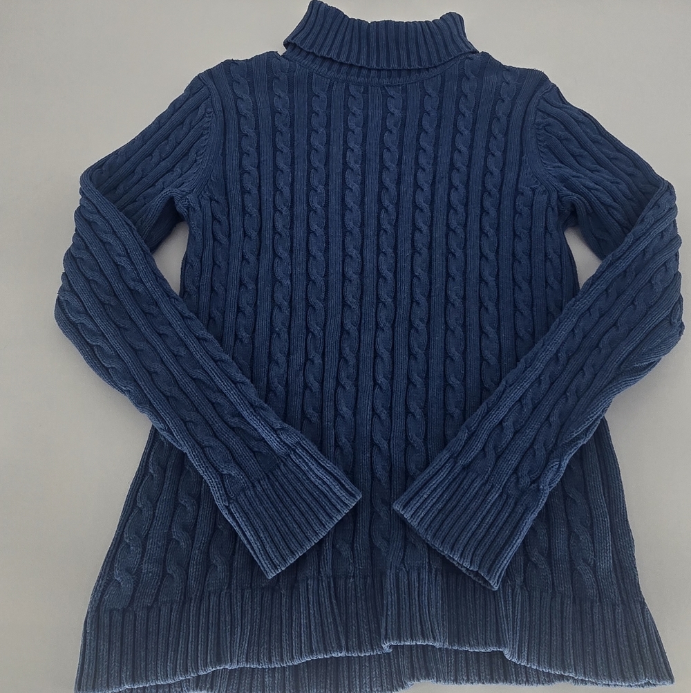 L.L.Bean Blue Cable Knit Turtleneck Sweater 100% Cotton Women’s Size L